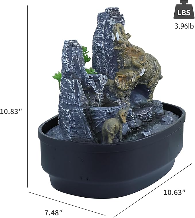 Elephant Tabletop Fountain with Cascading Rocks & LED Lights, Zen Indoor Water Feature for Living Room/Office/Bedroom, Multi-Room Home Decor and Elephant Lover Gift (10.8" H)