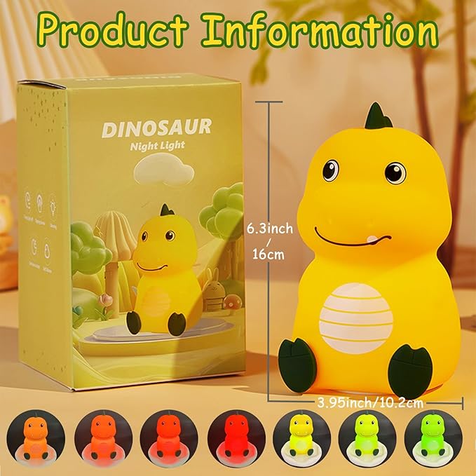 Night Light for Kids Cute Dinosaur Night Light,16 Colors Silicone Dimmable Baby Night Lights for Nursery, Rechargeable Nightlight for Kids Room,Gifts Stuff for Boys Girls Baby,Toddler Decor - Bloomnest