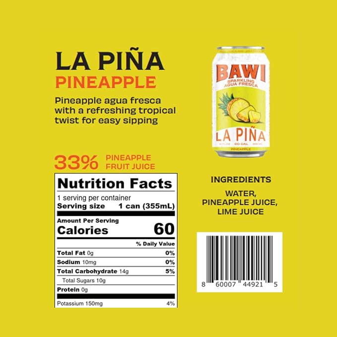 Bawi La Pina Sparkling Agua Fresca, 12 Pack - Pineapple Flavored Water, Plant-Based, Low Calorie, Less Sugar, Culturally-Rooted, Mexican Drink, Made in USA, Better-For-You Soda, Authentic Mexican Drink - Bloomnest