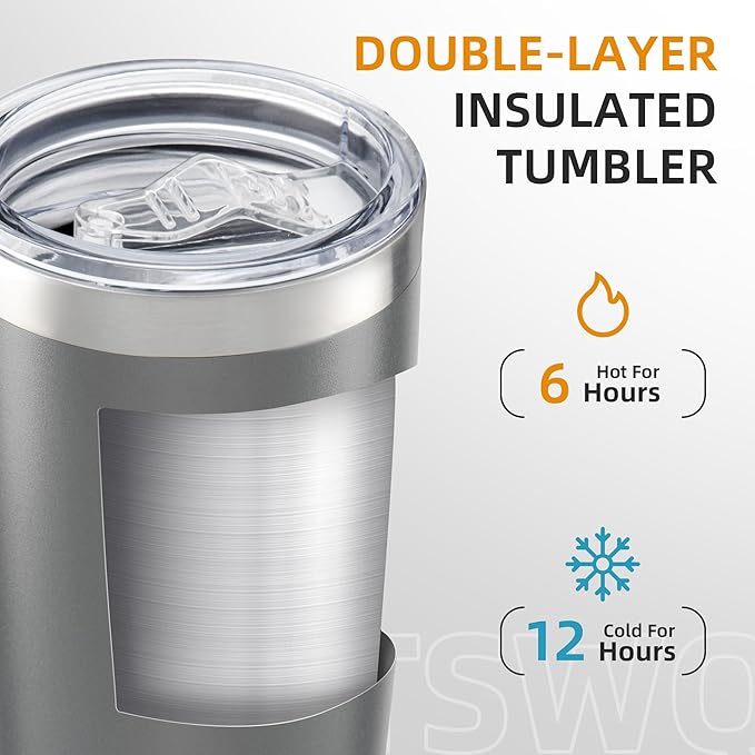 20 oz Tumbler Bulk with Lid Stainless Steel Insulated Tumblers Double Wall Vacuum Coffee Mug Powder Coated Tumbler Cups for Cold and Hot Drinks, Grey, 6 pack - Bloomnest
