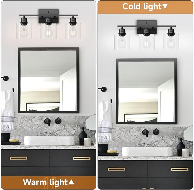 Modern 3 Light Bathroom Light Fixtures, 19 inch Black Vanity Lights for Bathroom with Clear Glass for Mirror Kitchen Living Room Hallway Cabinet Porch - Bloomnest