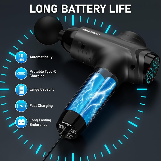 RAEMAO Massage Gun, Handheld Electric Deep Tissue Muscle Massager for Athletes for Pain Relief Attaching 8 Replacement Heads, Percussion Massager with 10 Speeds, Father's Day Gifts, Black - Bloomnest
