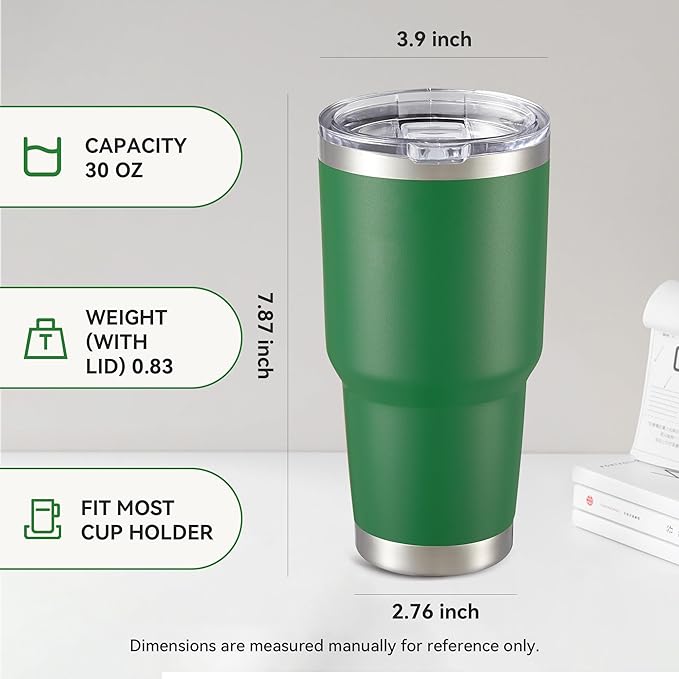 30 oz Tumbler with Lid Stainless Steel Tumblers Vacuum Insulated Cup Reusable Powder Coated Travel Mug Double Wall Leak Proof Portable Cups Keep Cold Drinks for 12 Hours, Dark Green, 1 Pack - Bloomnest