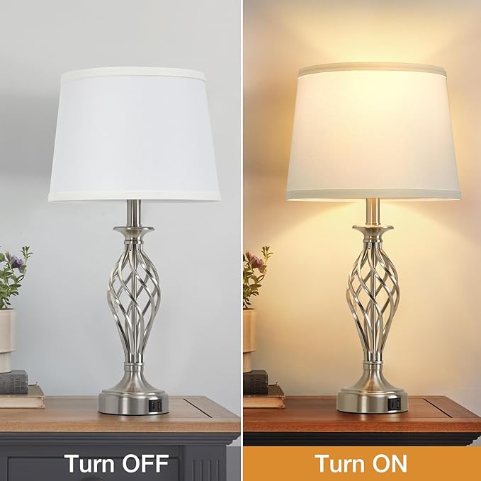 Table Lamp for Bedroom Set of 2 with USB C+A Ports, Modern Bedside Lamps with Spiral Cage Base, White Fabric Shade, Nightstand Lamp for Living Room Reading Bed Side End Table, 2 LED Bulbs Included - Bloomnest