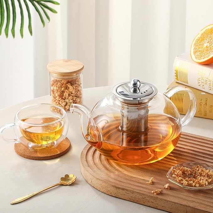 50OZ/1500ML Glass Teapot Set with 4 Double Wall Teacups & Removable Infuser, Stovetop & Microwave Safe Clear Tea Maker Water Kettle with 7OZ/200ML Tea Cups for Loose Leaf Blooming Tea - Bloomnest