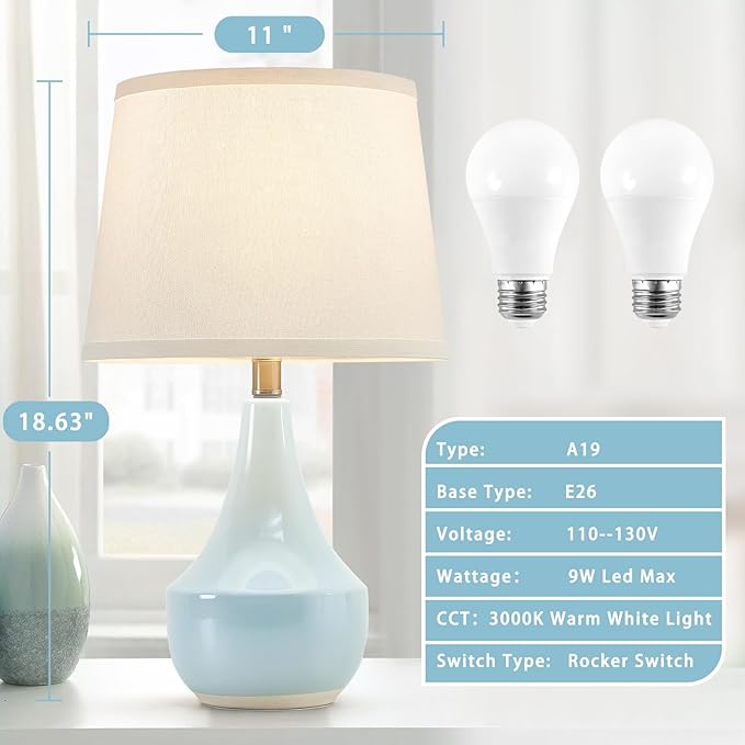 GyroVu Table Lamp Set of 2, 18.63” Ceramic Lamp Classic Beside Lamps Nightstand Lamp Modern Cute Lamp for Living Room, Bedroom & Office Rocker Swtich Sky Blue-LED Bulbs Included - Bloomnest
