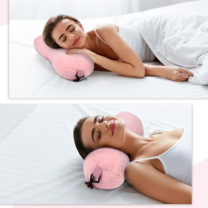 1 Pc Neck Pillow for Recliner Headrest Pillow Bone Shaped Chair Plush with Adjustable Strap Neck Support and Pain Relief Curve Head Cushion for Car Travel Airplane (Pink) - Bloomnest