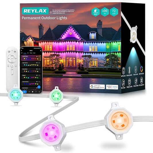 REYLAX Permanent Outdoor Lights Pro, 100ft with 72 Triple-LED 135lm, RGB+IC Smart Eaves Christmas Lights for House, IP67 Waterproof, Multi Scenes for Outdoor Decor, Works with Alexa, Google, Remote - Bloomnest