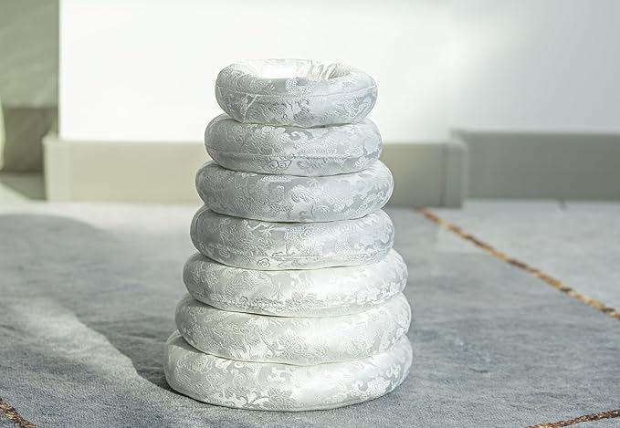 Singing Bowl Cushion Silk Brocade Ring Cushion Pillow 7 Set，Used for Crystal/Tibetan Singing Bowls ，Singing Bowls Cushion,O-Ring Set，Buddhist Sound Bowl Pad (Color : White, Size : 8-14) - Bloomnest