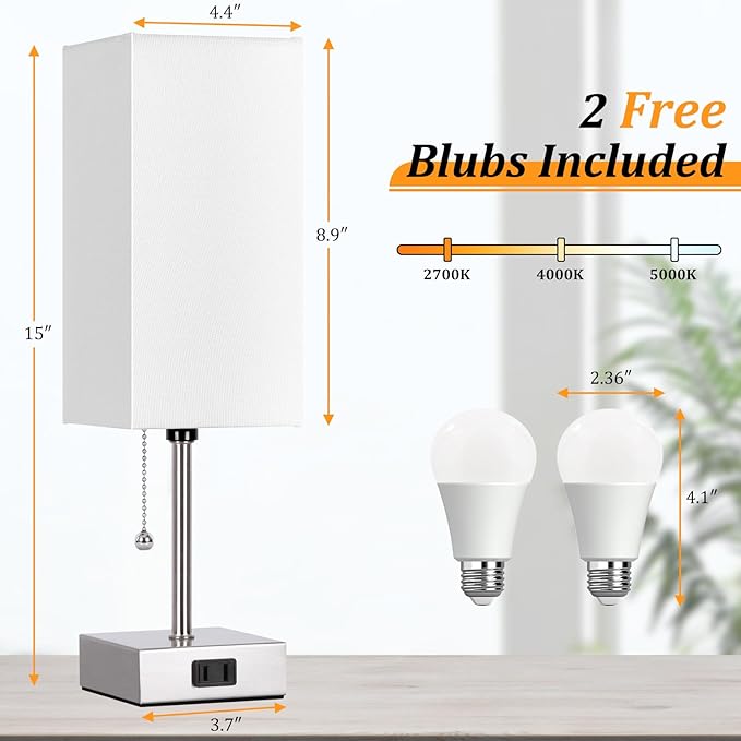 Dott Arts Touch Control Bedside Lamp, 3 Way Dimmable Nightstand Lamp with 2 USB Ports & AC Outlet, Modern Style, White Fabric Shade - Bloomnest