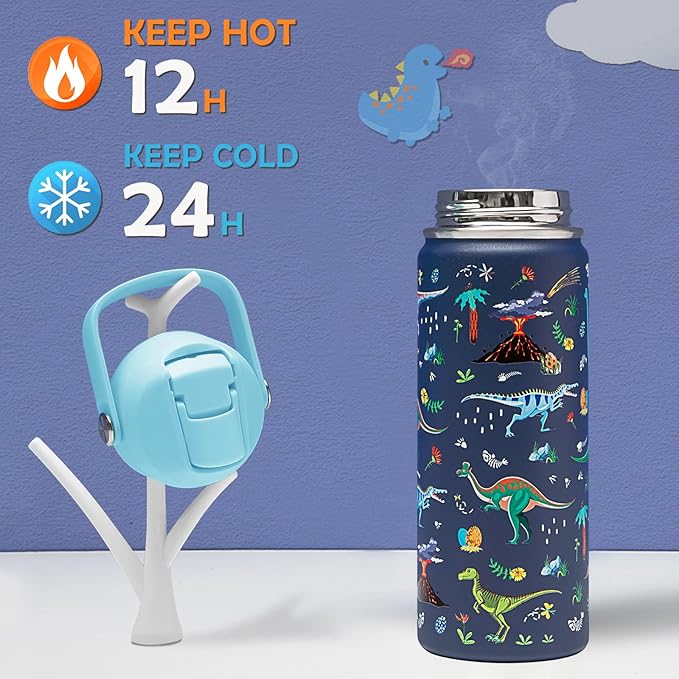 18oz Kids Insulated Water Bottle with Straw Lid - 18/8 Stainless Steel Kid Cup BPA-FREE Travel Tumbler Double Wall Vacuum Leak Proof Portable Toddler Water Bottle(Dinosaur) - Bloomnest