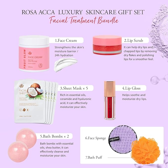 42 Pcs Valentines Day Gifts for Women, Super Fruit Bath and Body Spa Set, Facial Skin Care Kit, Self-Care Gifts Set, Lip Gloss, Face Sheet Mask, Serum, Birthday, Christmas, Present, Anniversary