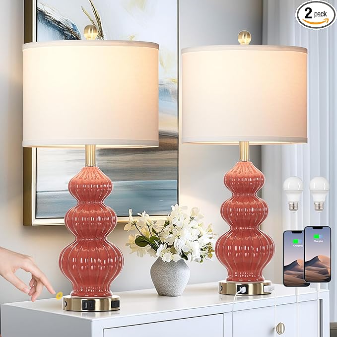 26" Triple Gourd Ceramic Table Lamps Set of 2,Modern Orange Bedside Lamps USB A+C Ports & AC Outlet -Ceramic Nightstand Lamps for Bedroom, 3 Way Touch Control Contemporary Living Room End Tables - Bloomnest