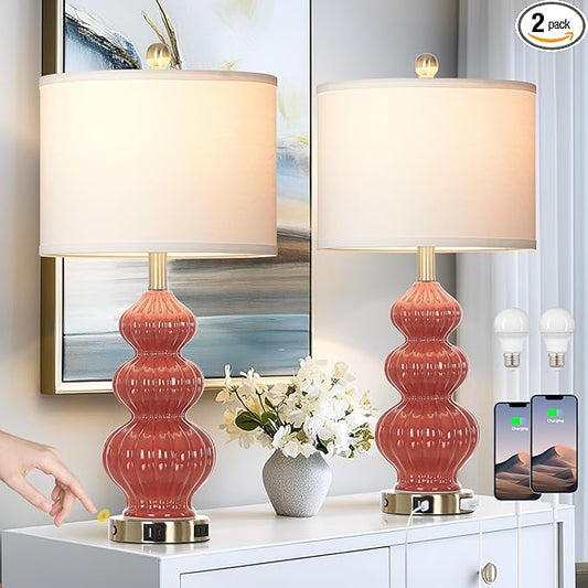26" Triple Gourd Ceramic Table Lamps Set of 2,Modern Orange Bedside Lamps USB A+C Ports & AC Outlet -Ceramic Nightstand Lamps for Bedroom, 3 Way Touch Control Contemporary Living Room End Tables - Bloomnest