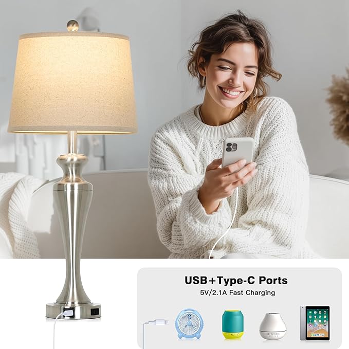 30" Silver Table Lamps Set of 2, 3-Way Dimmable Touch Living Room Lamp with USB A+C Ports and AC Outlet, Modern Brushed Nickel Bedroom Lamps, Tall Metal Bedside Lamp for Nightstand Side Table - Bloomnest