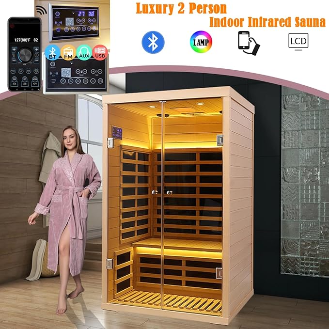 Smart App Control 2 Person Ultra Low EMF (＜5mG) Far Infrared Sauna for Home,1780W Hemlock Indoor Sauna Spa with Touch Panel, Insulation Cover, Bluetooth Speaker, Chromatherapy Light, Reading Light KUNSANA