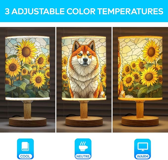 Akita Inu Table Lamp LED 3-Color Pressed Bedside, Dog Shade Lamp with Wood Base for Bedroom Living Room Desk Office - Bloomnest