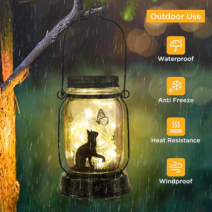 Cat Lover Gifts for Mom/Grandma/Women/Sister Cat Butterfly Solar Light Gifts Mother Day Gift Solar Lanterns Outdoor Waterproof Fairy Lights Led Mason Jar Hanging Cat Lamps Decor for Garden Yard Torche - Bloomnest