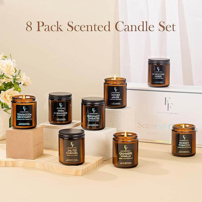 Scented Candles Set, Soy Wax Candles 8 Pack 56 Oz Aromatherapy Candles Gift Set for Women Men （Vanilla/Sandalwood/Amber/Mahogany/Vetiver/Bergamot/Caramel/Whiskey） - Bloomnest