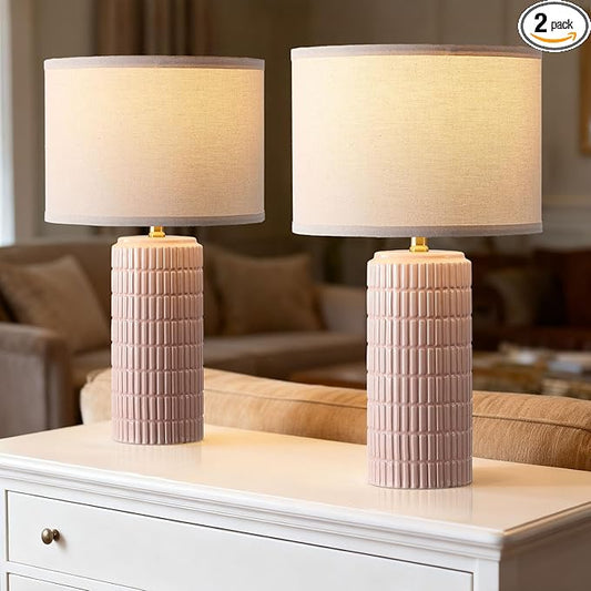 Modern Ceramic Table Lamp Set of 2, Bedside Lamp for Bedroom Decor, Nightstand Lamp with 3 Color Temperatures, Desk Light for Living Room Dorm Office, Pink - Bloomnest