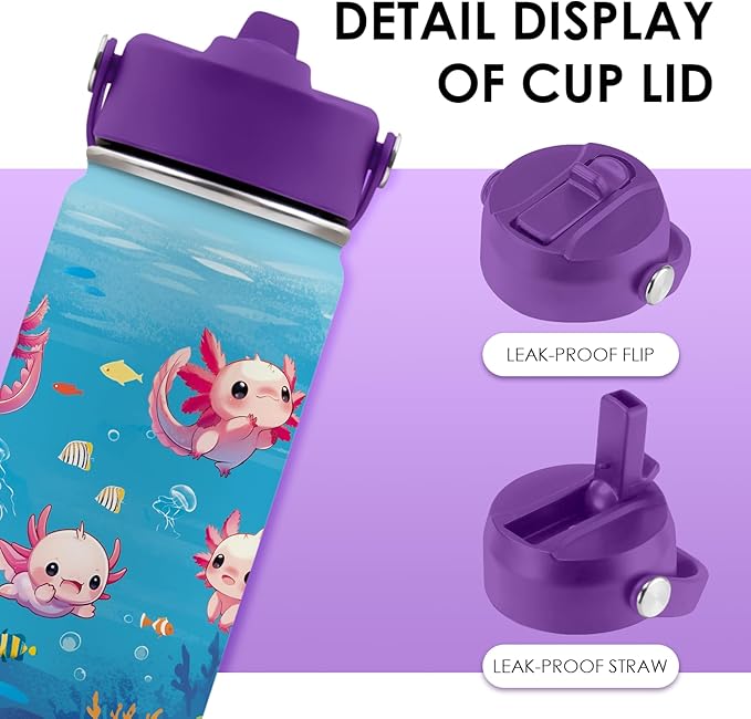 Axolotl Gifts for Girls 16 oz Kids Water Bottle with Straw Lid, Stainless Steel Insulated Tumbler, Leak Proof, BPA-Free,Adorable Ocean Animal Mug Cup for Sports,Travel Children Birthday Gifts (1pc) - Bloomnest