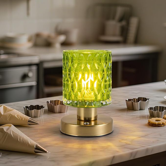 Battery Powered Lamp with Timer, Aesthetic Glass Cordless Lamps, Dimmable Rechargeable Lamp with Remote Control, Small Touch lamp for Nightstand Bedside Bedroom Living Room (Jade Green) - Bloomnest