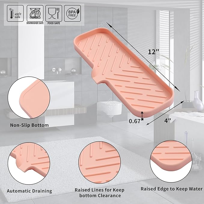 Silicone Bathroom Soap Dishes with Drain Spout-Bathroom and Kitchen Sink Organizer,Sponge Holder,Dish Soap Tray,Perfect for Dispenser,Scrubber,Bottle,Cup on Sink or Counter-Pink 12"×4" - Bloomnest