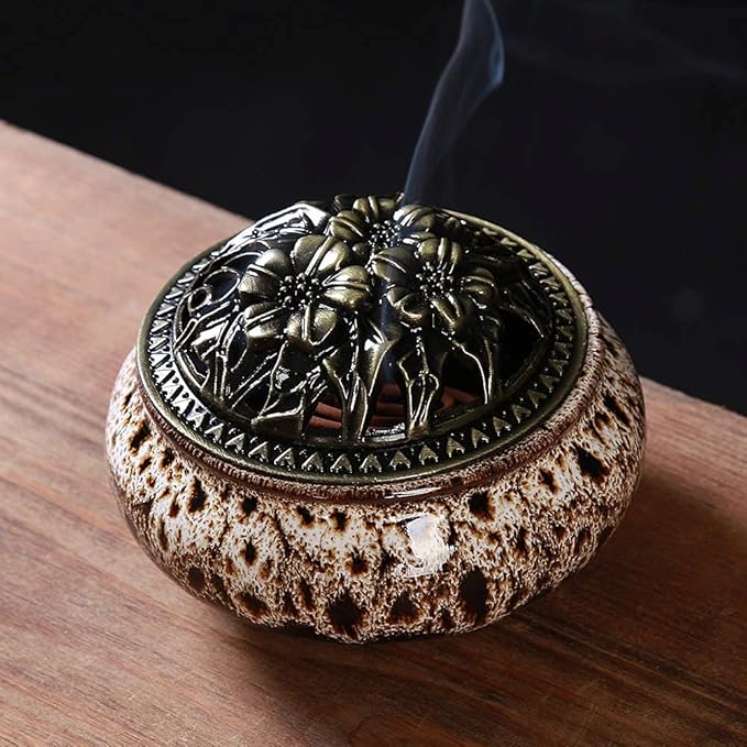 Incense Burner with Calabash Incense Stick Holder - Porcelain Charcoal Censer for Use with Resin Granular Powder Cone or Coil Incense (Fambe Gray) - Bloomnest
