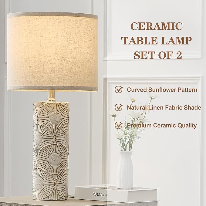 25.25" Tall White Lamps Set of 2 with Floral Design, Farmhouse White Ceramic Lamps Set of 2 for Bedroom, Living Room, Beige Table Lamps for Nightstands, Console Table - Bloomnest