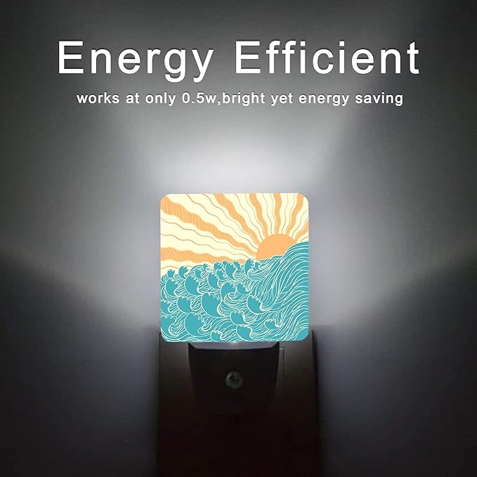 Waves Night Light,Sea Landscape Sun Plug-in Night Lights with Dusk-to-Dawn Sensor for Women/Girls/Boys Gift Sleep Friendly lamp for Bedroom, Bathroom and Living Room,0.5W - Bloomnest