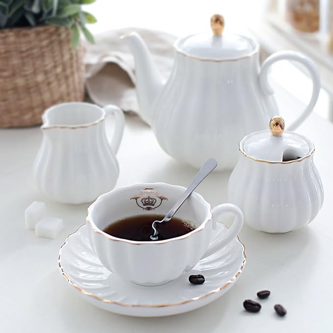 Porcelain Tea Sets British Royal Series, 8 OZ Cups& Saucer Service for 6, with Teapot Sugar Bowl Cream Pitcher Teaspoons and tea strainer for Tea/Coffee, Pukka Home (Pure White) - Bloomnest