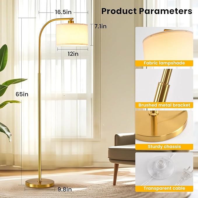 Floor Lamp for Living Room with Remote,Dimmable Tall Standing Lamps,Modern Floor Light with Smart RGB Bulb,App Control,3 Color Temperatures,Fabric Shades,Gold Floor Lamp for Bedroom Office Corner - Bloomnest