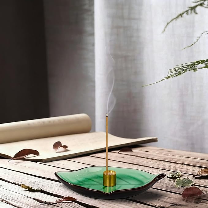 Incense Holder for Sticks (9 Holes) and Cones, Handmade Ceramic Incense Ash Catcher for Meditation, Yoga, SPA Days, Relaxing, Home Decor, Candle Holder, Easy to Clean, Leaf-Shape (Green) - Bloomnest