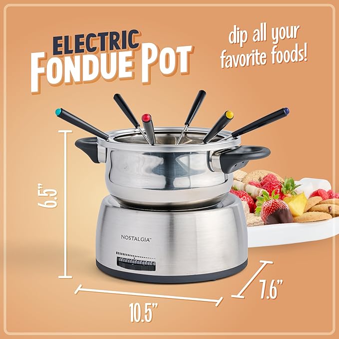 Nostalgia 6-Cup Electric Fondue Pot Set for Cheese & Chocolate - 6 Color-Coded Forks, Temperature Control - Stainless Steel Kitchen Gadgets and Appliances for Hors d'Oeuvres and More - Stainless Steel - Bloomnest