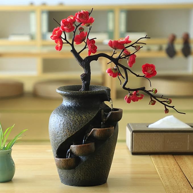 Tabletop Fountains Indoor Water Fountains Flower Vase Fountain with Water Flow & Artificial Bouquet, Mini Tabletop Waterfall Fountain, Desktop Fountain for Office (Style 12) - Bloomnest