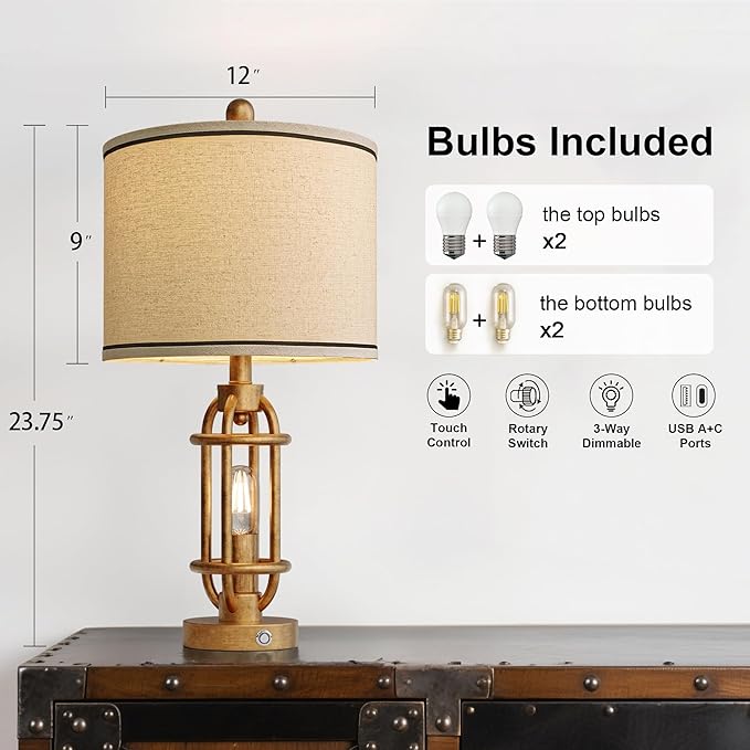23.75'' Table Lamps Set of 2 for Living Room Bedroom Industrial Farmhouse Metal Touch Lamps with USB A+C Ports, Night Light Vintage Nightstand Bedside Lamp, Bulbs Included, Antique Gold - Bloomnest