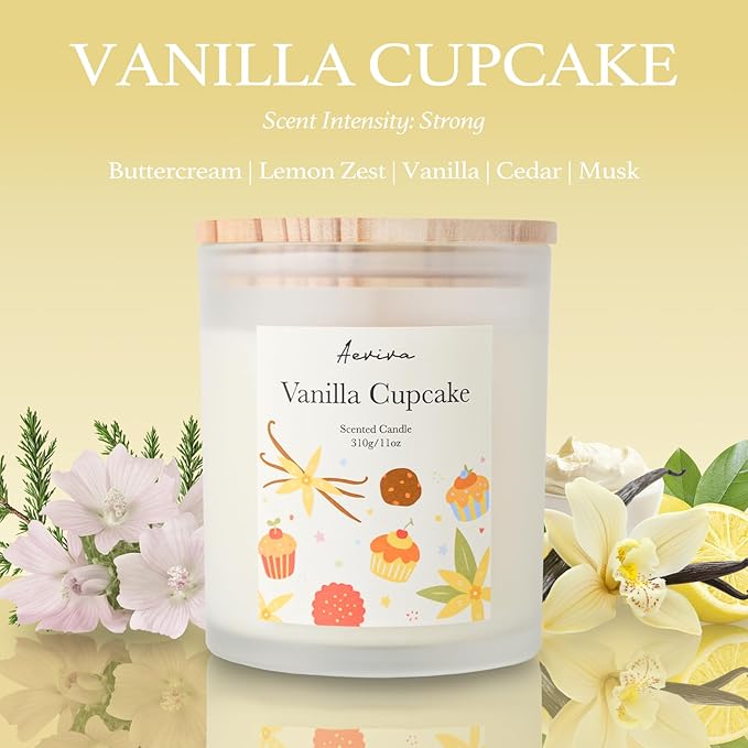 Vanilla Cupcake Scented Candle, 11oz 60 Hour Burn, Natural Soy Wax with Thick Cotton Wick, Highly Scented Aromatherapy Candle for Stress Relief & Meditation, Gifts for Women & Men - Bloomnest