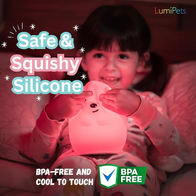 Lumipets Benny The Bear Squishy Silicone Night Light for Kids | Cute Night Light with Remote & Touch Control for Girls & Boys | 9 Color Changing Soft Portable Animal Lamp Comes with USB Cord - Bloomnest