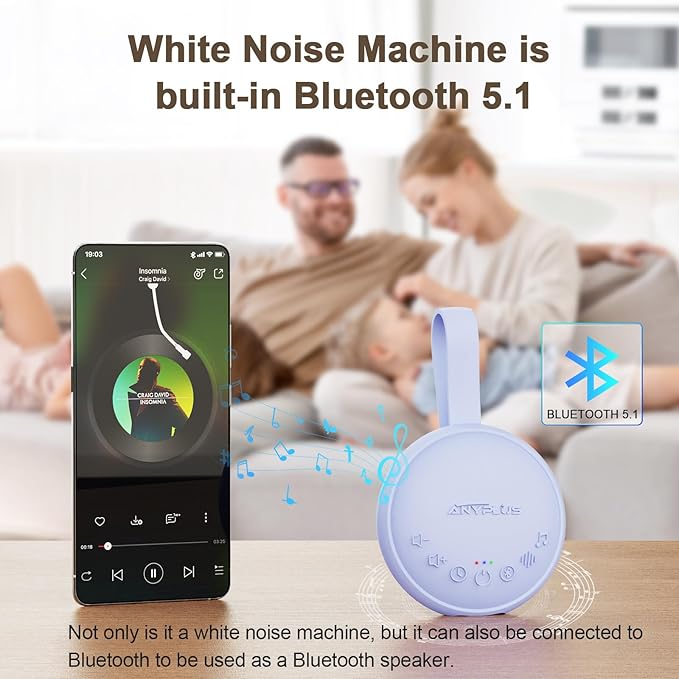 White Noise Machine for Sleeping Adults & Baby, Portable Sound Machine with 24 Soothing Sounds, Bluetooth 5.1, Battery Powered, 3 Timer Settings, Memory Function for Home, Office, Travel (Purple)