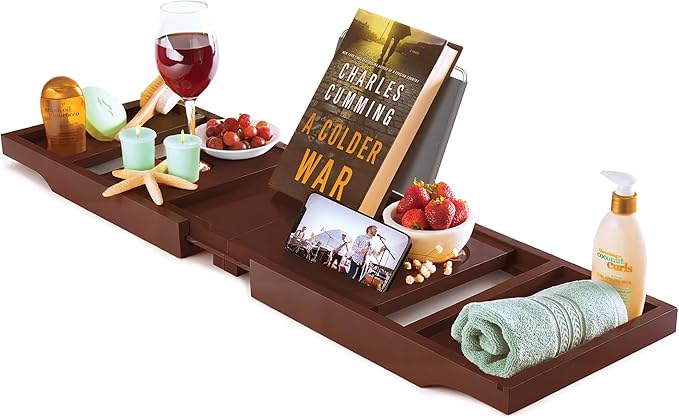 Wooden Bathtub Tray - Foldable & Expandable Bamboo Bath Tray for Tub with Wine Holder, Book & Tablet Stand - Bath Caddy Tray for Bathtub, Spa Bath Accessories, Tub Tray Table, (Brown) - Bloomnest