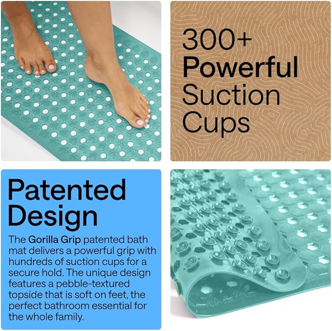 GORILLA GRIP Patented Bath Tub Shower Mat, Machine Washable Bathtub Floor Liner Mats, Suction Cups and Drain Holes to Keep Tubs Clean, Soft on Feet, Bathroom Essentials, 35x16 Inch, Turquoise Opaque - Bloomnest