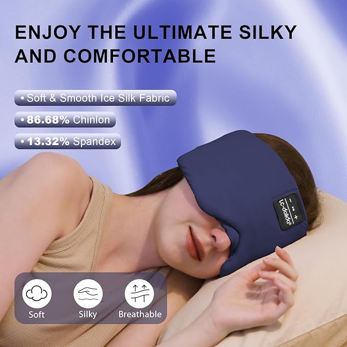 LC-dolida Sleep Mask with Bluetooth Headphones, Ice Silk Sleep Headphones with Bluetooth 5.4, Total Blackout Eye Mask for Sleeping, Sleep Soft Mask for Women Men, All Night Sleep, Travel(Navy) - Bloomnest