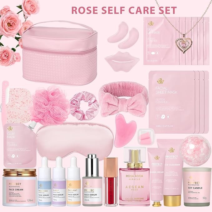 Rose Facial Skin Care Set, 33 Pcs Bath & Body Spa Basket for Women, Beauty Care Kit, Sheet Mask, Makeup Bag, Face Serum, Bath Bomb, Perfume, Christmas, Mother Day, Valentine's, Birthday, Baby Shower - Bloomnest