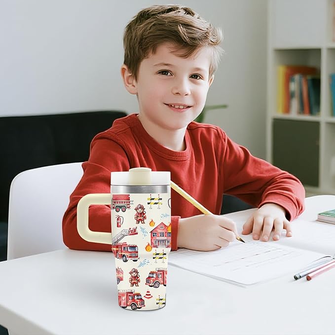 Fire Truck Tumbler with Handle Straw for Kids 14oz, Insulated Stainless Steel Firefighter Cup for Boys, Birthday Gifts for Future Fireman Little Boys Girls - Bloomnest