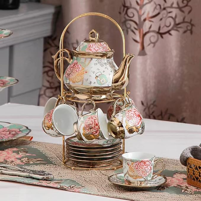 CHANJOON tea sets Gold Plated Red Rose Ceramic Tea Set, Vintage Teapot Tea Sets Beautiful Tea Set Coffee Serving 6 People (Golden, Medium) - Bloomnest