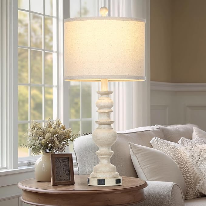 27.5" Beige Farmhouse Table Lamps for Living Room, Rustic Bedside Lamps with USB C+A Ports & AC Outlet, Vintage Bedroom Lamp Set of 2, Tradition Night Stands Lamp for Side End Table Desk - Bloomnest