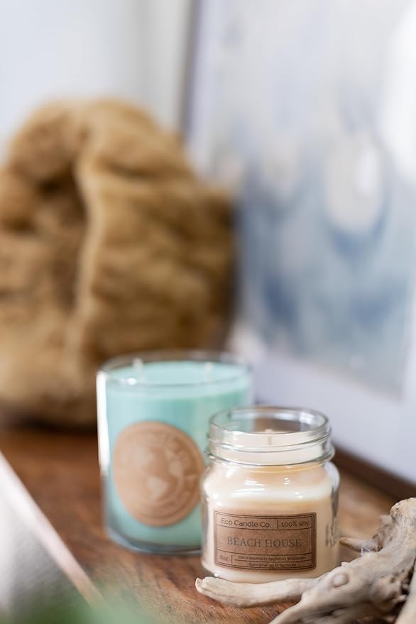ECO CANDLE CO. Mason Jar Candle, Beach House, 8 oz. - Scents of Melons & Ocean Air - 100% Soy Wax, No Lead, Kraft Label & Antiqued Pewter Lid, Hand Poured, Made from Midwest Grown Soybeans - Bloomnest