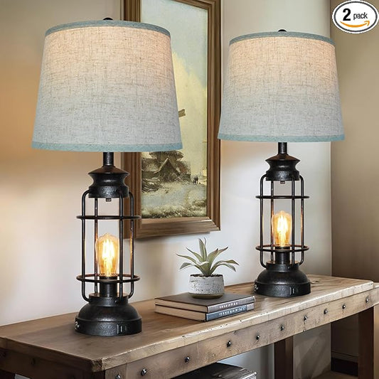 Table Lamps Set of 2 with USB Port 3 Way Dimmable Touch Lamps 28.5" Tall Rustic Industrial Living Room Lamps for Bedroom Bedside Office 4 Bulbs Included - Bloomnest