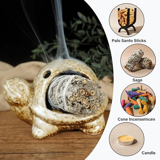 Handcrafted Brown Ceramic Turtle Mini Chiminea Palo Santo Burner Holder ，for Burning Sage、Cone Incense、Copal&Small Candle，Thoughtful Gifts for Meditation, Yoga, Aromatherapy Altar、Zen Spaces MOUGIGI