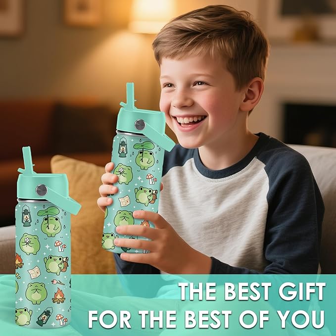 Frog Gifts for Kids - 16oz Cute Green Frog Water Bottle with Straw Lid, Stainless Steel Insulated Tumbler, Leakproof, BPA-Free, for Boys & Girls, School - Animal Frogs Lovers Birthday Gift Cup (1pc) - Bloomnest